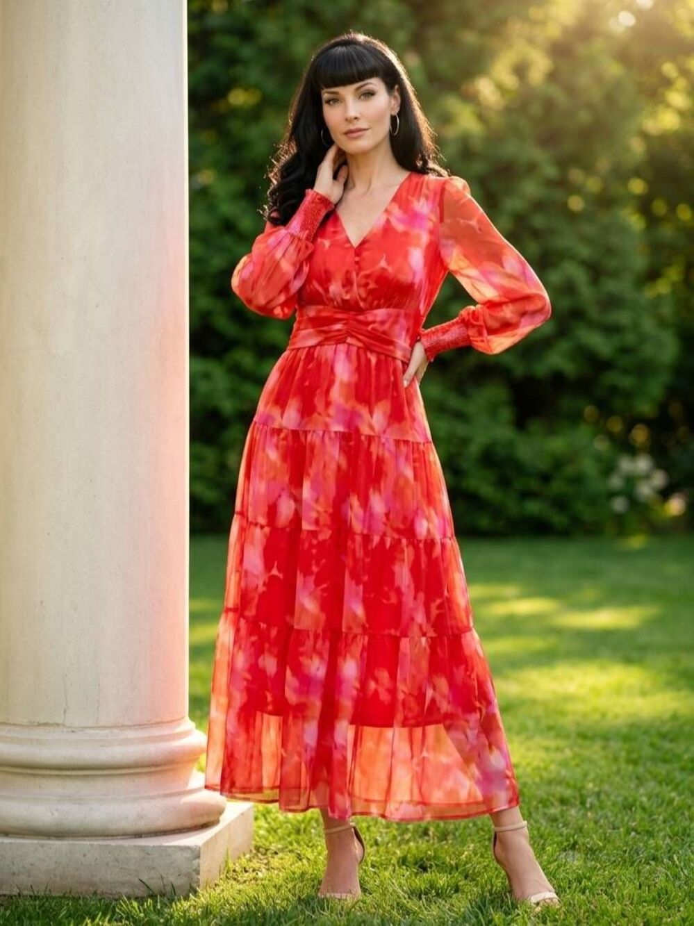☔️🩵NWT Pinkish Orange Floral Semi Sheer Long Sleeve Dress Small